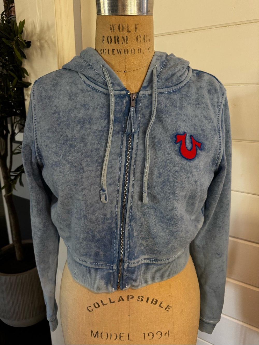 True Religion Washed Light Blue Cropped Zip Hoodie